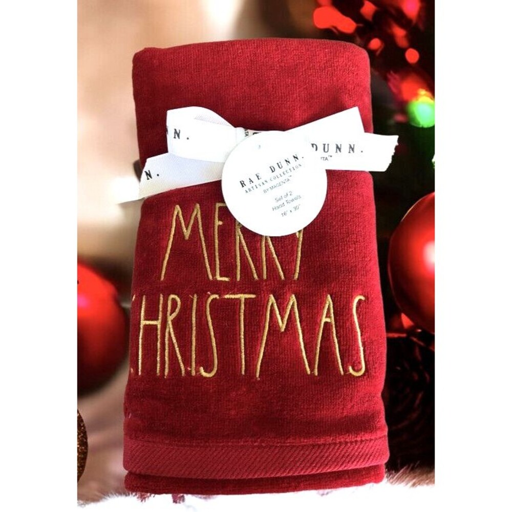 Rae Dunn Merry Christmas Hand Towels Red Gold Guest Bath Embroidered Set of 2